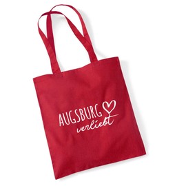 Huuraa Jute Bag Augsburg in Love Cotton 10 Litres Size with Name of Your Favourite City in Bavaria Gift Idea for Friends and Family, Classic red