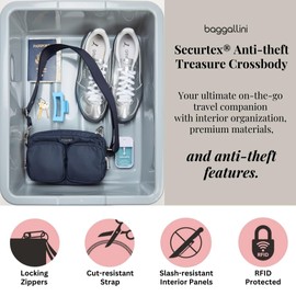 Baggallini Securtex® Anti-Theft Treasure Crossbody 9"x5.5" Lightweight Travel Purse with RFID Card Slots Locking Zippers
