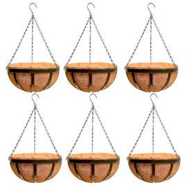 LaLaGreen Outdoor Hanging Baskets for Plants (6 Pack, 16 Inch) Large Hanging Planter with Coco Liner, Black Plant Metal Flat Iron Round Flower Pots Deck Patio Modern Garden Balcony Outside Decoration