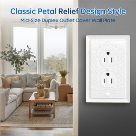 Petal Relief Design Classic Style White Modern Decorative Outlet Covers Wall Plates, Duplex Electric Receptacle Light Switch Cover, Mid-Size 4.9 x 3.1 inch(4-Pack Single Duplex)