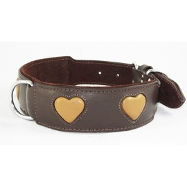 Brown Leather Collar For Staffy Staffordshire Bull Terrier Bulldog With Tan Hearts 6 Sizes (14-18 Inch - 1.5 Inch Wide)