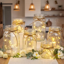 Gandeer 6 Pcs Glass Mason Jar with LED Lights for Table Centerpiece Decorations Set, 25.36/17/8.45 oz Clear Rustic Jar Farmhouse Coffee Table Decor for Wedding Dining Room Kitchen Decor