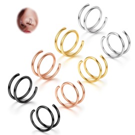 BodyBonita 2-8 Pieces Soft Nose Ring Made of 316L Stainless Steel with Double Hoop for Single Piercing 22G 20G 18G Flexible Twisted Spiral Piercing Ring for Women Men 8mm 10mm, Stainless Steel, No