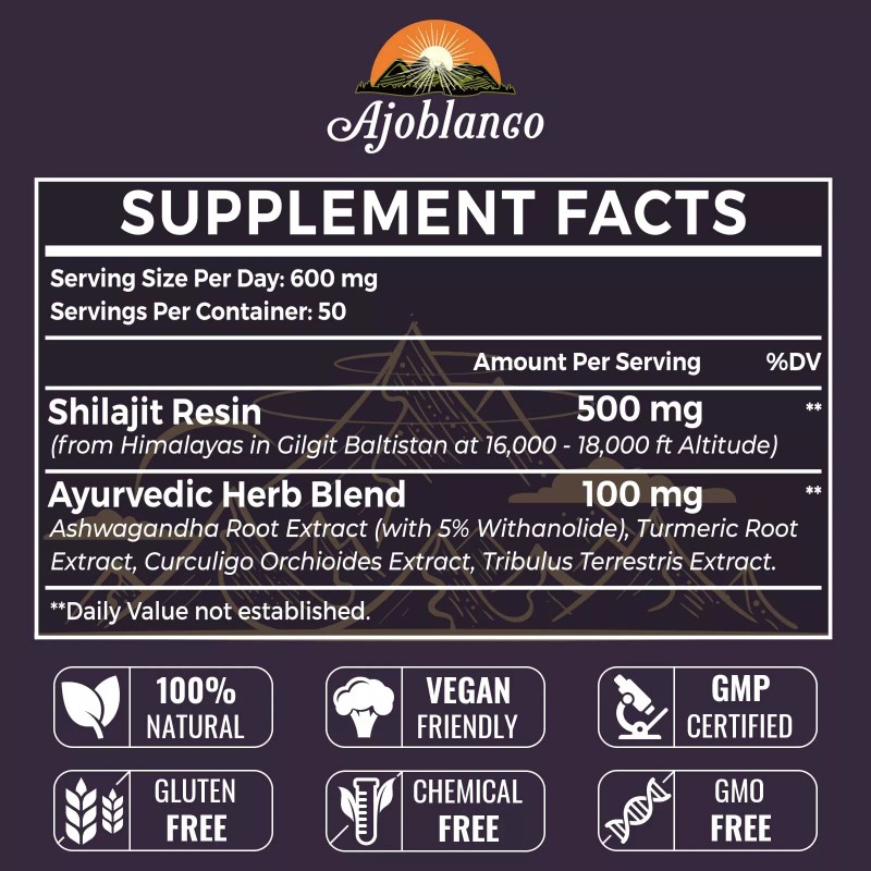 Ajoblanco Organic Himalayan Shilajit Resin 600mg 100 Pure Herbal Supplement