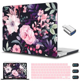 CISSOOK Compatible with MacBook Air 15 inch Case 2025 2024 2023 Release Model A3241 A3114 A2941, Flower Plastic Hard Shell Case Black Cover for MacBook Air M2 M3 M4 15 inch - Pink Flowers