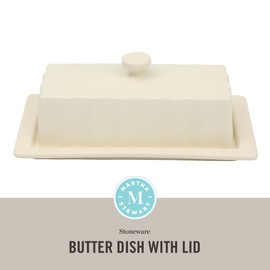 Martha Stewart Broadbrook Stoneware Butter Dish with Lid, Rectangular Covered Butter Keeper, 8.1 x 4.4 x 3 Inches, Classic Cream Glaze, Dishwasher Safe Ceramic Storage for Counter or Table
