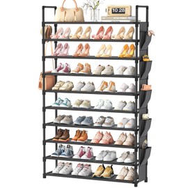LUKYTOWER Tall Shoe Rack 10 Tier Shoe Racks Organizer for Closet 40-45Pairs,Large Capacity Storage Rack for Shoes with 5Hooks,Sturdy Metal Shoe Shelf, Vertical Shoe Stand Tower