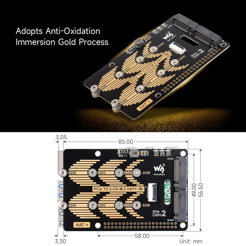 Waveshare PCIe to 2-CH M.2 HAT, Compatible with Raspberry Pi