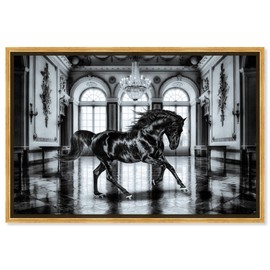 Country Farmhouse Canvas Print Painting Animal Wall Art 'Elegant Black Ballroom Horse' Gold Framed Canvas Rustic Home Décor 24x16 in Black, Gray by Oliver Gal