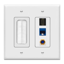 TOPGREENER Double Gang Datacomm Bundle with Multimedia Pass-Through Insert, 3-Port Keystone Jack Insert, Coaxial, Ethernet, HDMI Keystones, and 2-Gang Decorator Wall Plate, TG889173MCFH-W, White