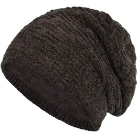 Compagno Unisex Warm Lined Beanie Hat, Knitted Hat, Winter Hat, One Size - Brown velvet