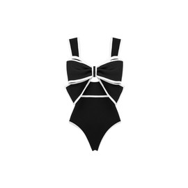 LINGLINGBUY 2025 Nuevo Traje de Baño Blanco y Negro y Rojo con Lazo para Mujer, Traje de Baño de Una Pieza con Falda de Bikini (MX/US, Alfa, X-Grande, Regular, Regular, Negro)
