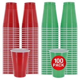 Amcrate Disposable Plastic Cups, Red Green Colored Plastic Cups, 12-Ounce Plastic Party Cups, Strong and Sturdy Disposable Cups for Christmas Party, 100 Pack