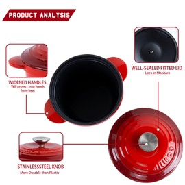 AILIBOO Enamel Cast Iron Dutch Oven - 2 Quarts Dutch Oven Pan With Lid, Durable Enamel Dutch Oven For Bread Baking, Nonstick Bread Dutch Oven, Enamel Cast Iron Cookware - Red Dutch Oven 2 Quarts