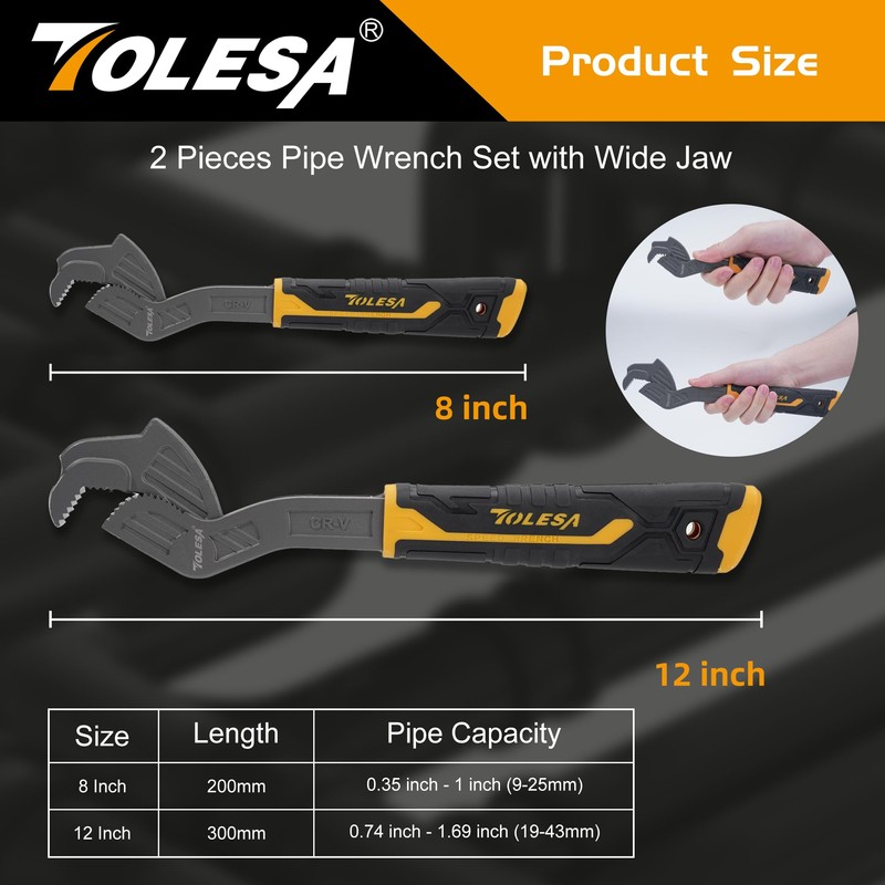 TOLESA Universal CR-V Pipe Vise Wrenches Self Adjusting with Wide