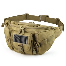SOWHUP Tactical Fanny Pack,Military Waist Bag Pack with U.S Patch Utility Hip Belt Bumbag for Outdoor Fishing Hiking, Tan(5 Zipper Pockets), S, Tactical Fanny Pack