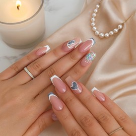 24Pcs Short Almond French Press on Nails with Glitter Hearts and Sparkling Design, Nude Pink and Blue Accents, for Manicure and Nail Art