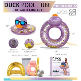 POZA Inflatable Duck Pool Float Tube - Heavy Duty Vinyl UV Resistant Confetti Pool Duck Floatie, Animal Pool Float Swim Ring Pool Inflatables for Kids, Adults for Beach, Party, Vacation - Purple Gold