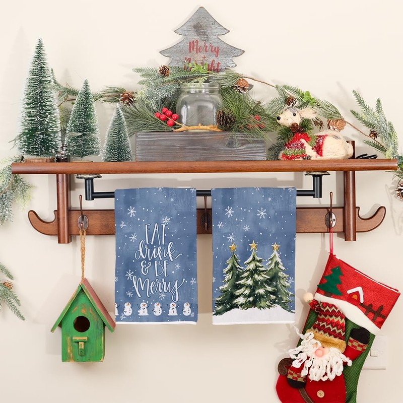 Green Christmas Tree Kitchen Towels Set of 2,Snowman Snowflake Star