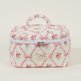 CHAMAIR 3Pcs Coquette Makeup Bag - Quilted Cosmetic Bag Large Make Up Bag Set Aesthetic Floral Toiletry Bag Cotton Travel Skincare Bag for Women Ladies Girls (Style B97)