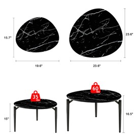 Jesantab Oval Nesting Coffee Table Set of 2, Black Glass Top Side Table with Marble Pattern and Metal Legs, Modern Minimalist Small End Table for Small Spaces, Living Room, Balcony, Apartment