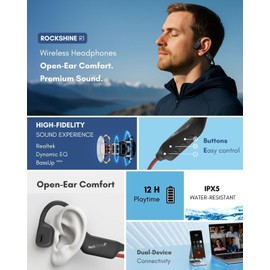 RockShine R1 Open-Ear Bluetooth air Conduction Sport Headphones, Sweat Resistant Wireless Earphones for Workouts and Running with Premium Deep Base - Built-in Mic (Black)