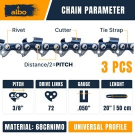 3/8" LP Pitch .050" Gauge 33DL 20" Chainsaw Chain 3 Pack – Low-Profile Full-Chisel Chrome Cutters, Reinforced Rivets, Compatible with Stihl MS311 MS391, Husqvarna 455/460 Rancher, Poulan Pro