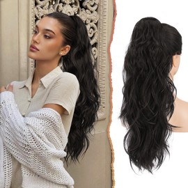 Sofeiyan Brown Ponytail Extension, 26" Long Wave Drawstring Ponytail Hair Extension Natural Clip in Ponytail Hair Extensions Synthetic Pony Tail Hairpieces for Women, Black Brown