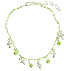 Mi Amore Green Ankle Bracelet Green Spherical & Silver-Tone Cross Shaped Charms