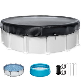 8 Ft Round Pool Cover, Solar Cover for Above Ground Pools, Waterproof Stock Tank Pool Covers Protector with Rope Tie and Ground Nails, PE Tarp Ideal for Waterproof and Dustproof (Black)