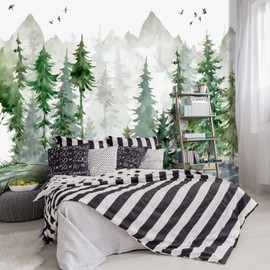 YIHWM -Green Cartoon Pine Forest Nursery Fabric Wallpaper for Boys and Girls Children's Bedroom Living Room Woodland Plants Large Wall Mural- 91"x65"（ not Peel and Stick）