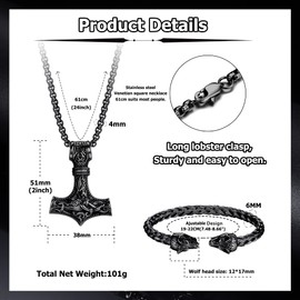 JeweBella Thor's Hammer Necklace Viking Wolf Head Bracelets Set for Men Mjolnir Stainless Steel Necklace Bracelets Cuff Odin Pendant Thors Necklace Viking Men's Jewellery, Stainless Steel
