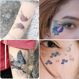 Yesallwas Butterfly Tattoo Stickers, Butterfly, Blue, Purple, Pink, Set of 14, Sparkling Butterfly, Butterfly Stickers, Tattoo Stickers, Realistic Waterproof, Long Lasting, Japanese Carved, Tattoo