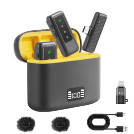 PAKESI Wireless lavalier Microphone, Noise Cancelling Microphone, Used for Recording Vlogs in Live Interviews and Videos, 2TX+1RX+Apple Adapter+2 Windproof+Intelligent Display Charging Room