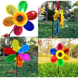 LUKDUNG 3 Pieces Wind Spinners for Garden, Sunflower Windmill, Colorful Sequin Wind Mill Outdoor Flower Pinwheels Garden Ornament for Garden Yard Lawn Decorations Bird Deterrent, Scarecrow