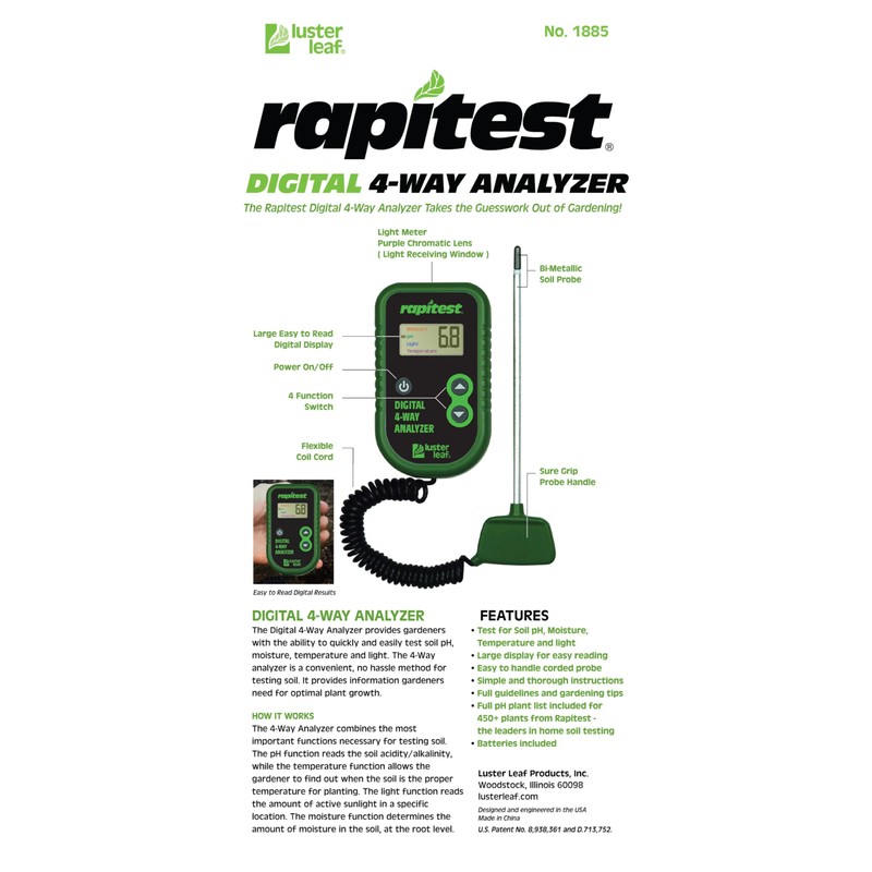 Luster Leaf Rapitest 4-Way Digital Soil Analyzer for pH, Moisture,