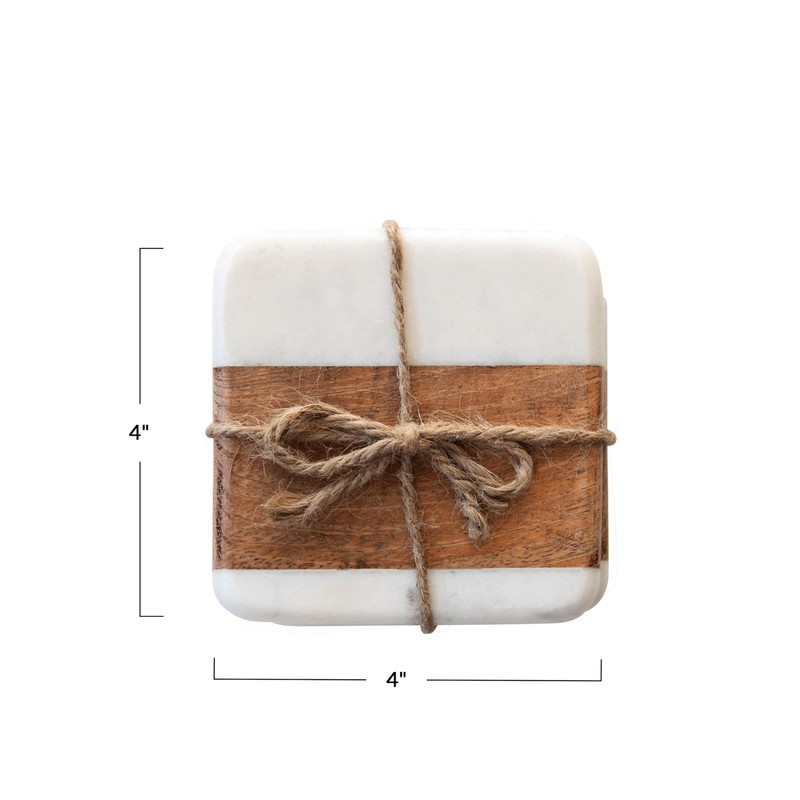 Creative Co-Op Marble & Acacia Wood, White & Natural, Set