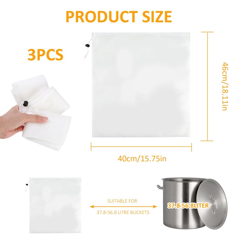 3PCS Brew Bags Reusable 46x40cm, Straining Bag with Fine Mesh