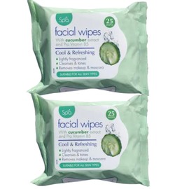 Spa Facial Wipes,with Cucumber Extract and Pro Vitamin B5, 2 Packs of 25, Cool & Refreshing