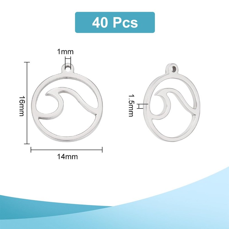 UNICRAFTALE 40個 ウェーブペンダント フラットラウンド ウェーブステンレススチールチャーム オーシャンペンダント 低刺激性チャーム アウトドア愛好家 サーフクライマー用 ステンレススチールカラー