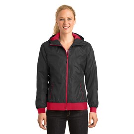 Sport-Tek Women's Embossed Hooded Wind Jacket LST53 Black/True Red Large