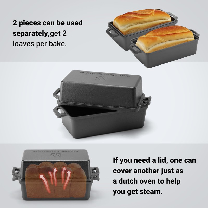 Northriver Casting 9×5 Inch Cast Iron Loaf Pan with Lid