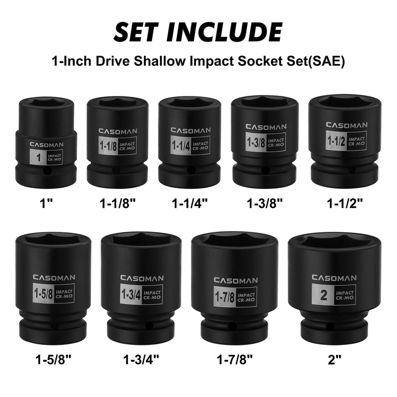 CASOMAN 1-Inch Drive Spindle Axle Nut Impact Socket Set, Shallow,