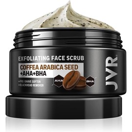 JVR Face Scrub for Men, Facial Scrub for Deep Exfoliating, Cleansing, Removing Blackheads, Ingrown Hair, Pre-shave Soften, Organic Formulated with Coffee Extract, AHA and BHA Face Exfoliator (4.23 oz)