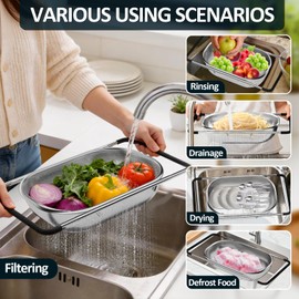 Over the Sink Colander - Strainers and Colanders - Sink Strainer Basket - Expandable Fine Mesh Strainer with Rubber Grip for Veggie, Fruits, Pasta, Home Kitchen Essentials (9.5W x 13.4-21.3L x 3.3H)
