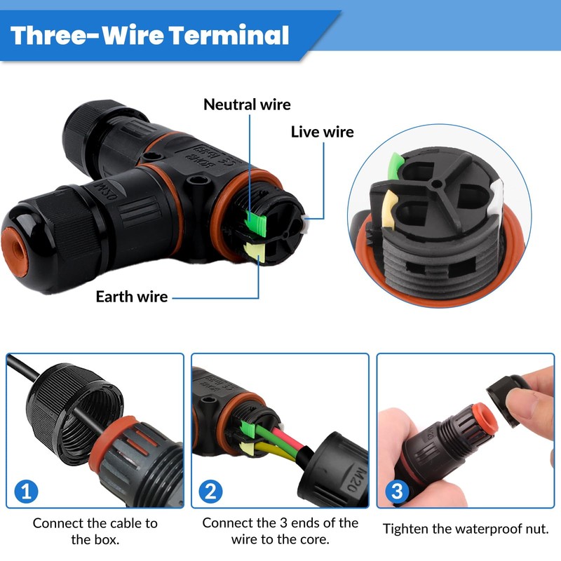 Pack of 2 Cable Connectors Waterproof IP68, T-shape Junction Box,