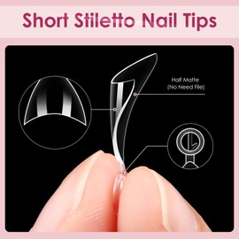 LIONVISON 600PCS Short Stiletto Nail Tips: Short Nail Tips Half Cover Clear Nail Tips with Handles for Acrylic Nail Salon with Box 12 Sizes