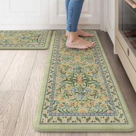 Collive Anti Fatigue Mat for Kitchen Floor, Green Floral Kitchen Mats for Floor Set of 2, Cushioned Waterproof Sink Rugs Non Slip Comfort Standing Rug for Office, Laundry, Desk