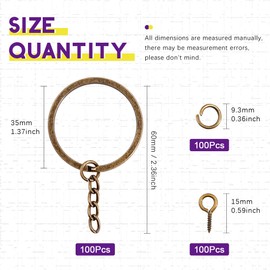 Swpeet Juego de 300 llaveros planos de bronce de 7/5 pulgadas de 35 mm, incluye 100 llaveros divididos con cadena y 100 anillos de salto con 100 pines de ojo de tornillo a granel para hacer accesorios de joyería