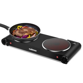 Cusimax Electric Stove, 1800W Infrared Hot Plate, 7 Inch Ceramic Glass Portable Double Burner Cooktop for Dorm Office Home Camp, Compatible w/All Cookware, Heat-up In Seconds-Upgraded Version